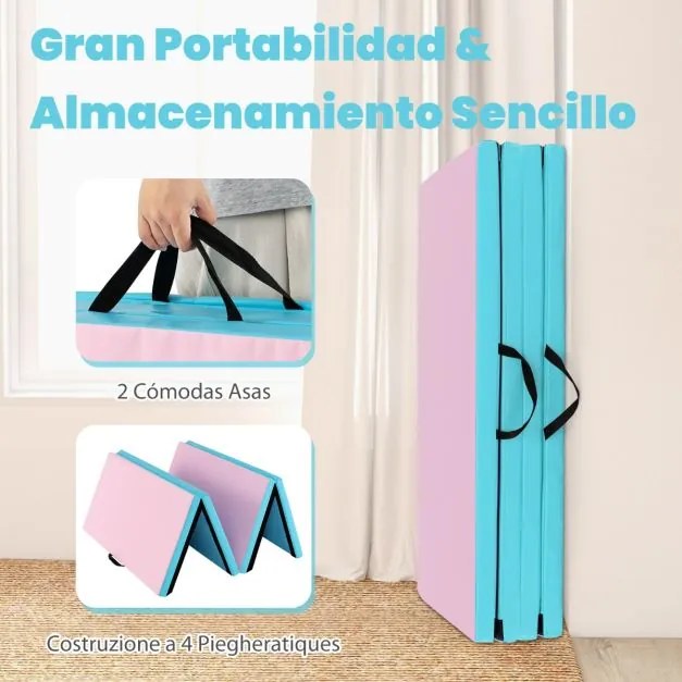 Tapete de ginástica 240 x 116 x 5 cm antiderrapante dobrável macio para o chão Tapete de exercício para ioga Fitness Azul e Rosa