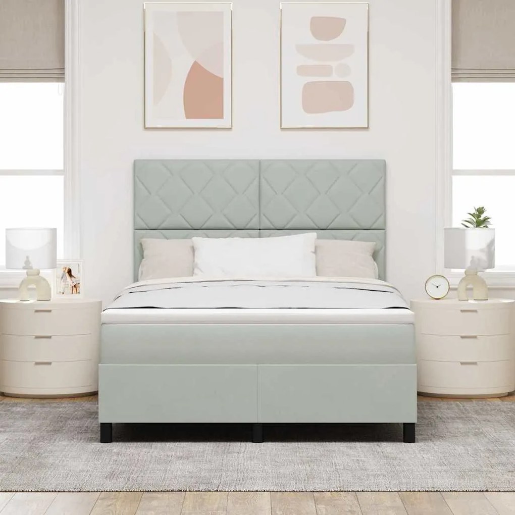 Cama Box com Colchão &amp; Luz LED Cinza Claro 140x190 cm Veludo