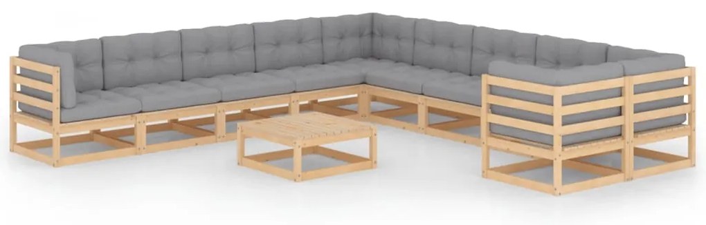 11 pcs conjunto lounge de jardim c/ almofadões pinho maciço