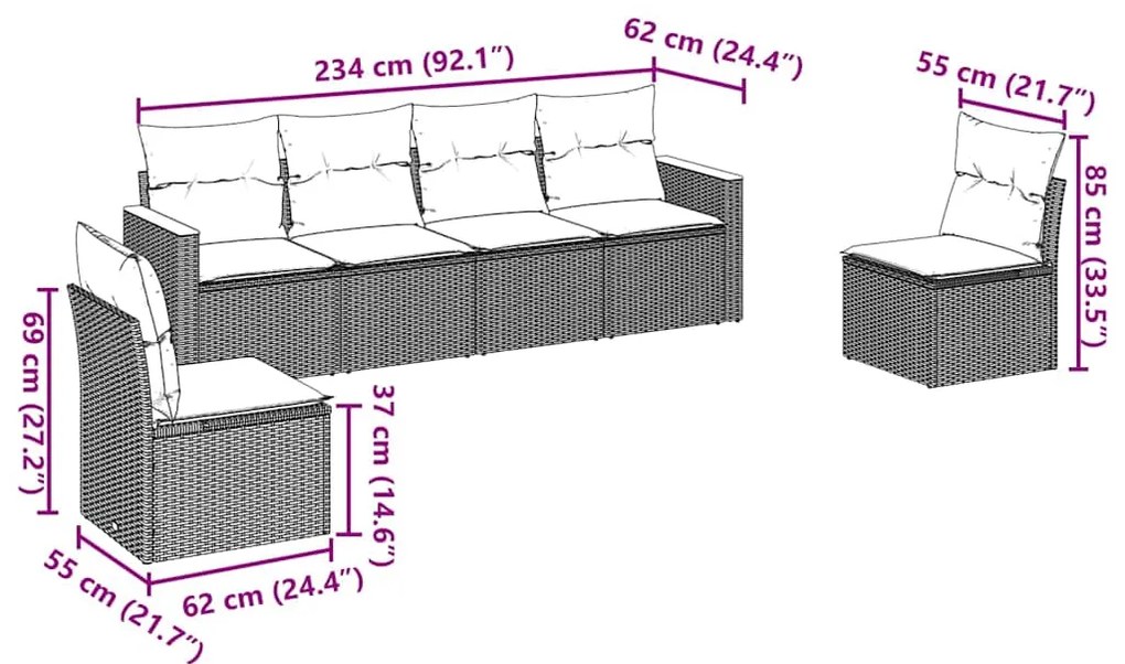 6 pcs conjunto sofás de jardim c/ almofadões vime PE preto