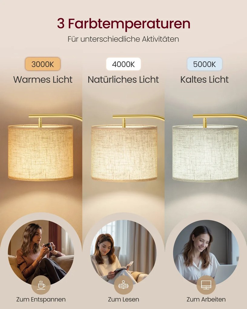 Candeeiro de pé com altura regulável de 150 a 175 cm, com interruptor de pé em dourado claro