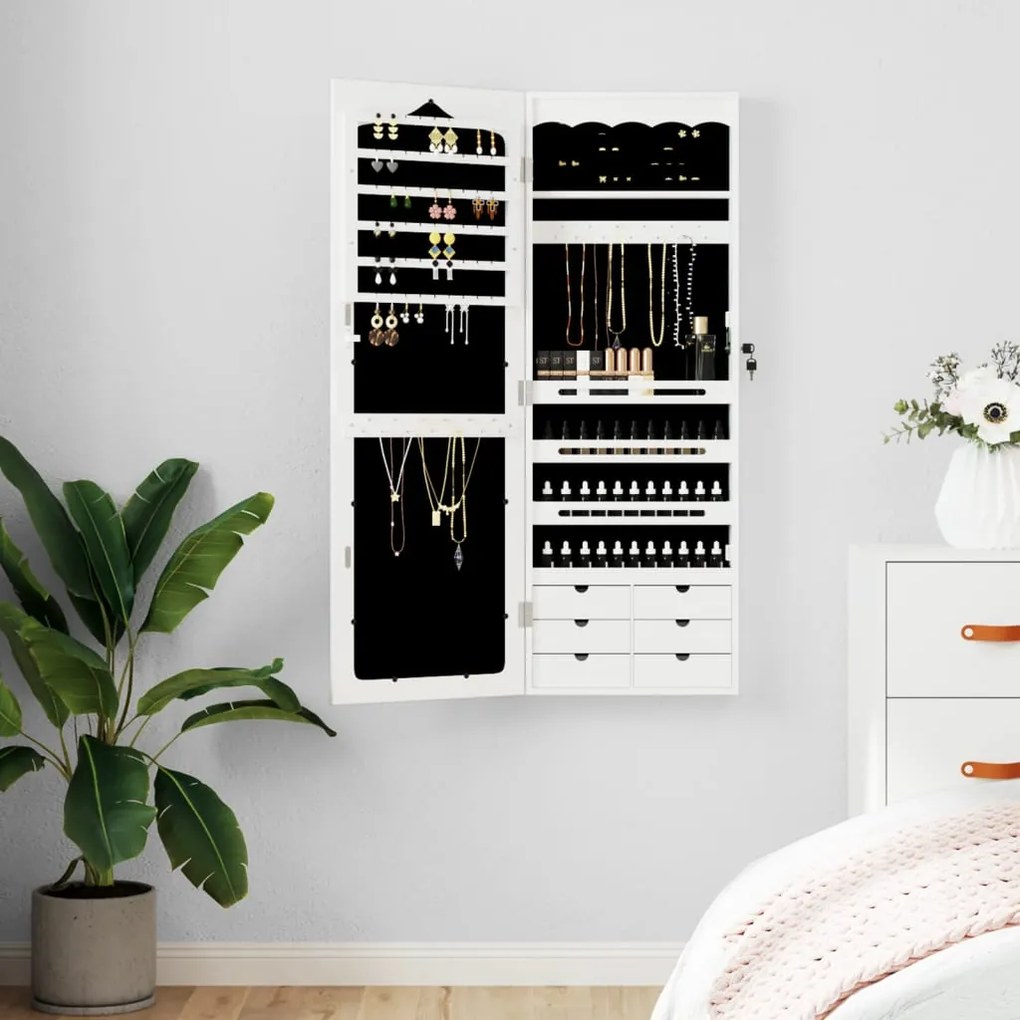 353226 vidaXL Móvel para joias de parede espelhado 37,5x10x106 cm branco