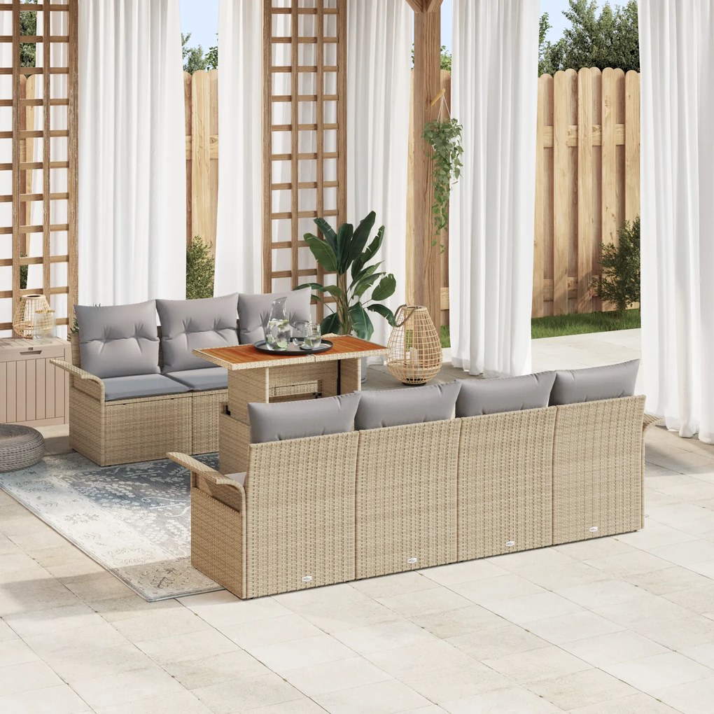 Conjunto de Sofá de Jardim vidaXL 8 Peças com Almofadas Bege Rattan Po