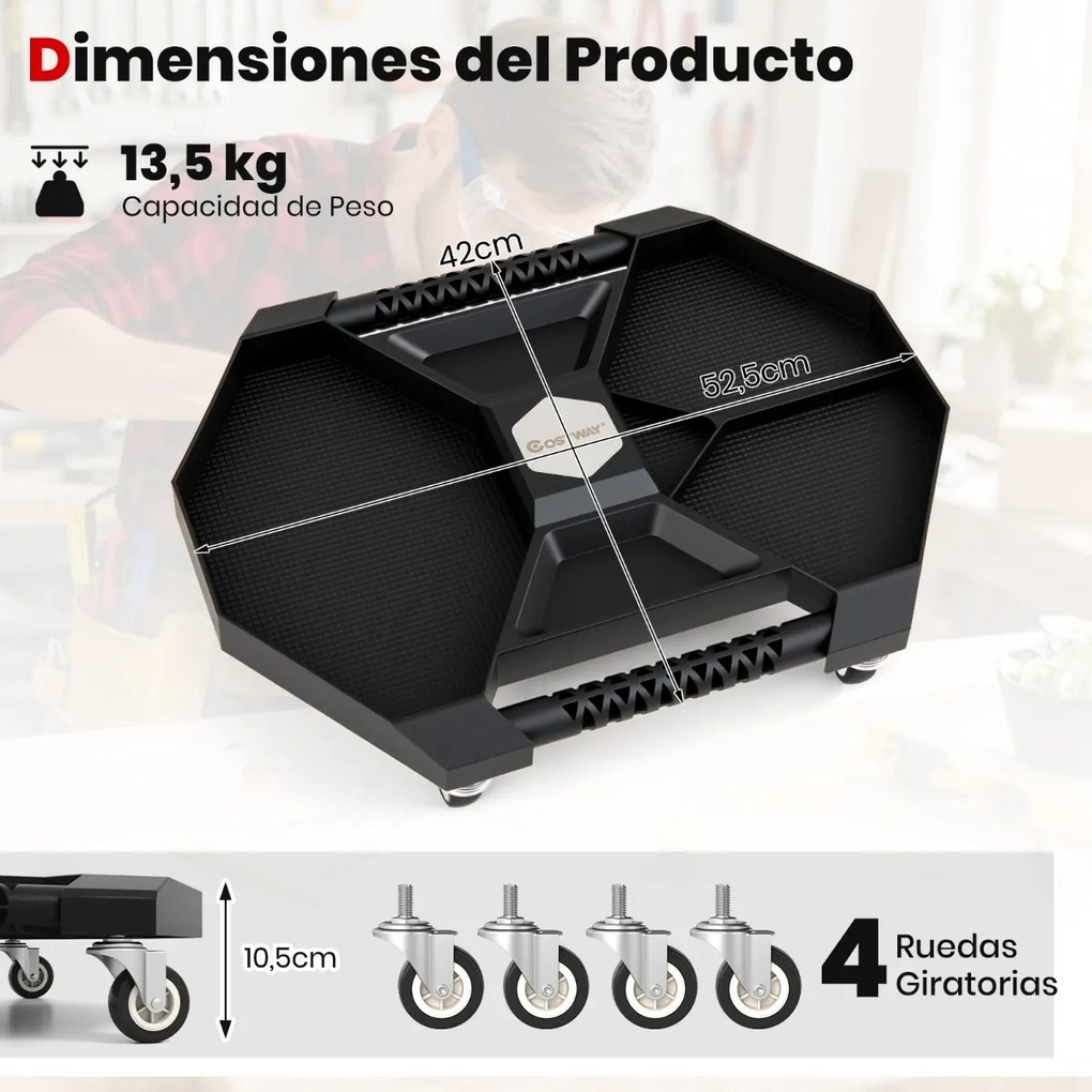 Carrinho de ferramentas oficina 52,5 x 42 x 10,5 cm com bandeja e 4 rodas giratórias Capacidade de peso de 135 kg Preto