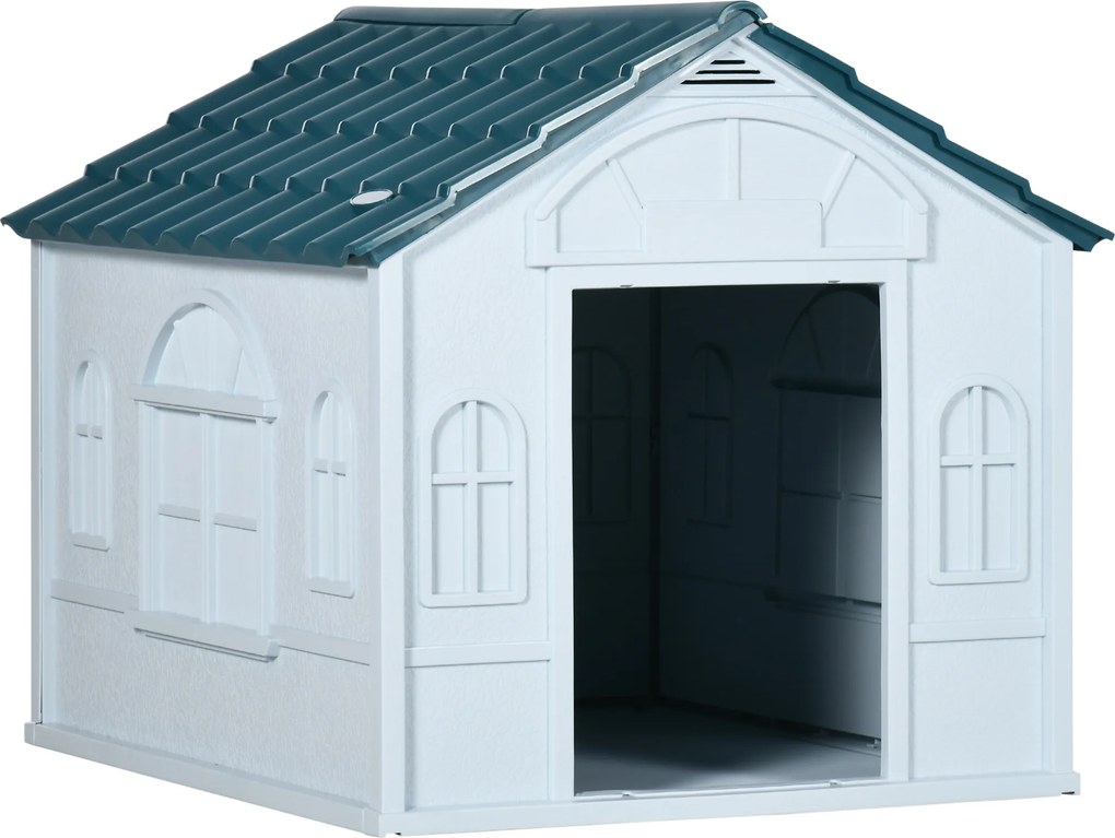 Casota para Cães 65x75,7x63 cm Casa para Cães com Janelas e Teto com Telhas de Imitação para Cães Médios Azul e Branco