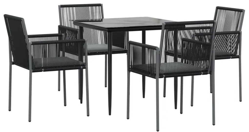 5 pcs conjunto jantar p/ jardim c/ almofadões vime PE/aço preto
