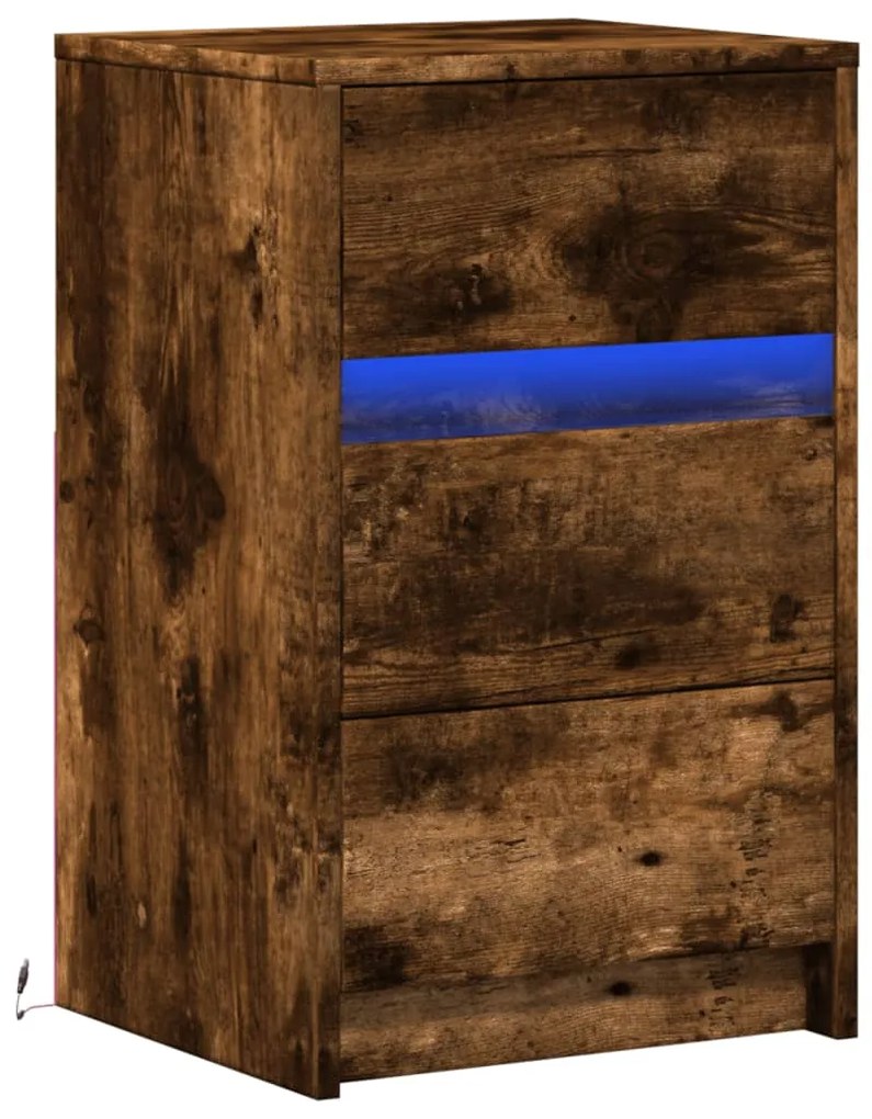 Mesa cabeceira c/ luzes LED derivados madeira carvalho fumado
