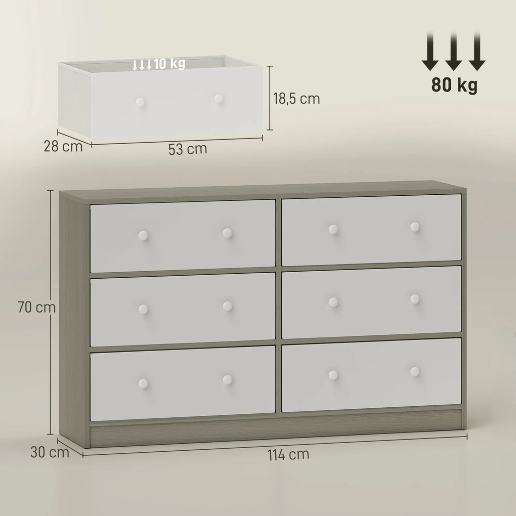 Cómoda com 6 Gavetas de Tecido Cómoda para Quarto Estrutura de Aço e MDF 114x30x70 cm Branco e Cinza