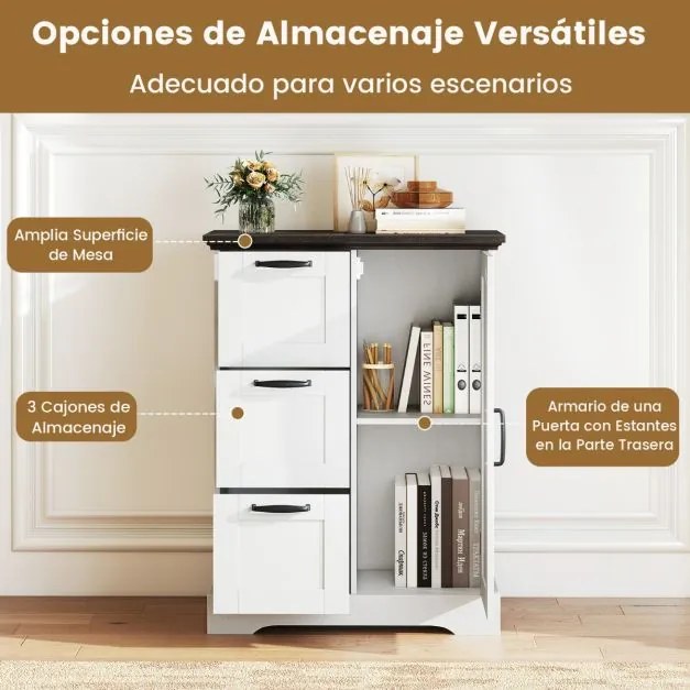 Aparador estilo rústico 60 x 30 x 80 cm com porta de celeiro e 3 gavetas de armazenamento Branco + Castanho
