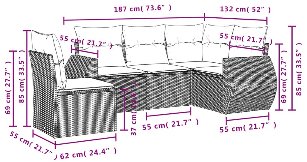 5 pcs conjunto sofás de jardim c/ almofadões vime PE cinzento