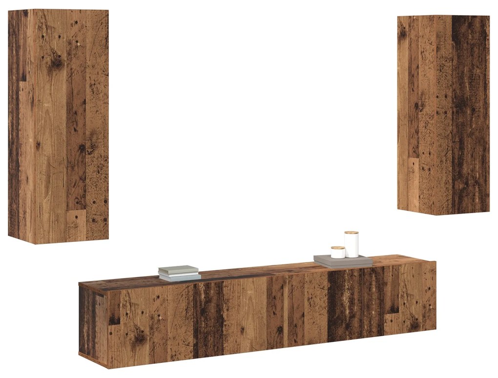 Conjunto de 4 Peças de Armário para TV em Madeira Envelhecida e Madeir