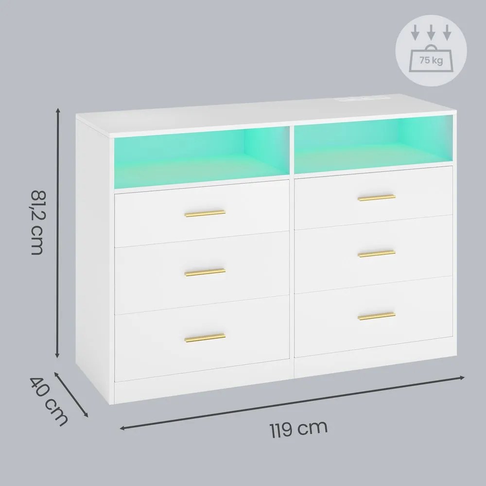 Cómoda com iluminação LED e base de carregamento, 6 gavetas 40 x 119 x 81,2 cm, moderna branca