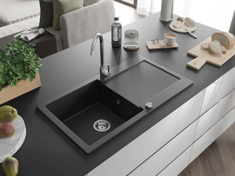 Mexen Leo lava-louça de granito com 1 cuba e escorredor 900 x 500 mm, preto, sifão cromado - 6501901010-77