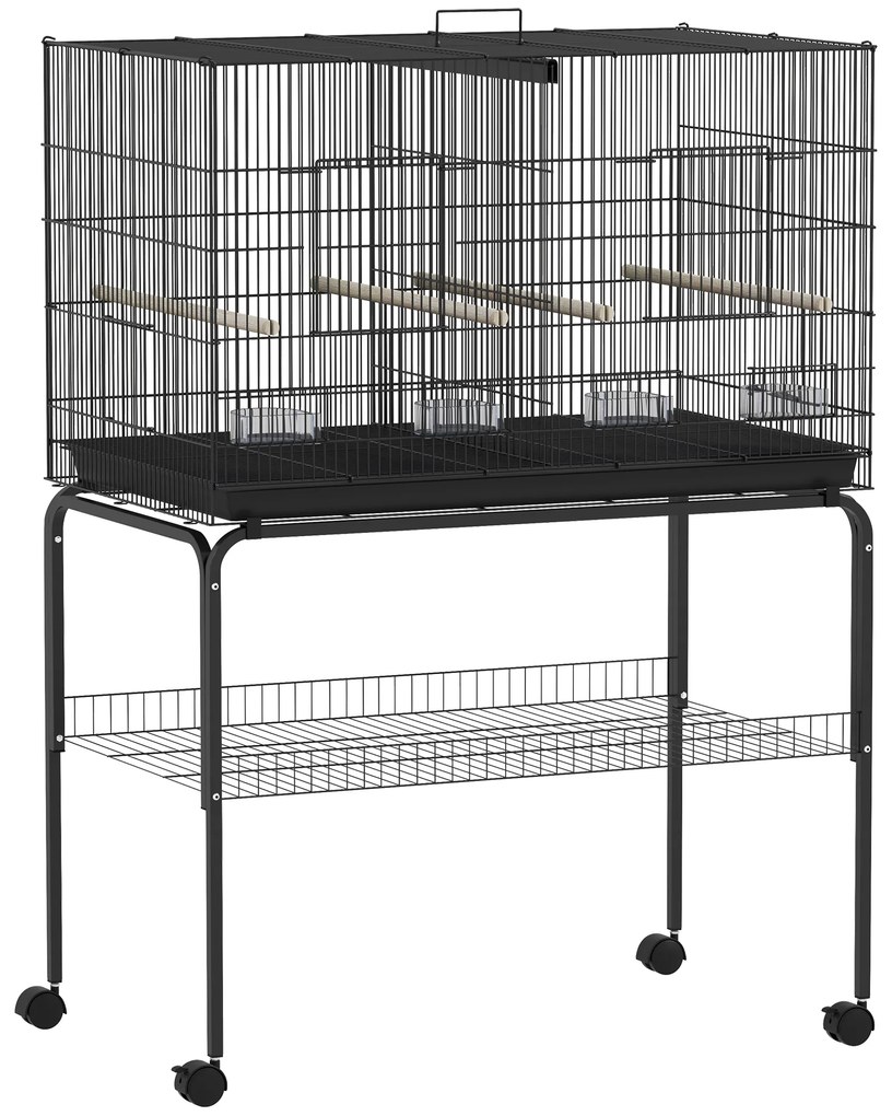 PawHut Gaiola para Pássaros com Divisória Rodas Gaiola para Aves com Comedouros Poleiros e Bandeja Removível 94x57x128 cm Preto | Aosom Portugal