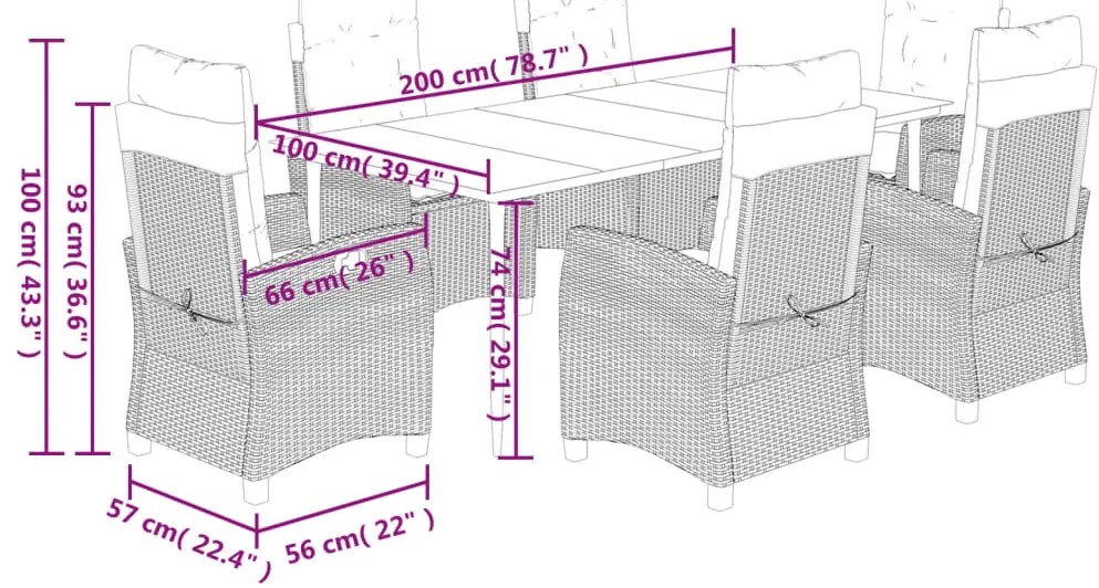 7 pcs conjunto de jantar p/ jardim c/ almofadões vime PE cinza