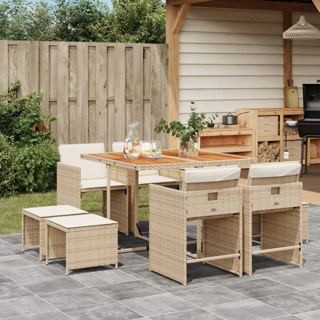 vidaXL 9 pcs conjunto de jantar p/ jardim com almofadões vime PE bege