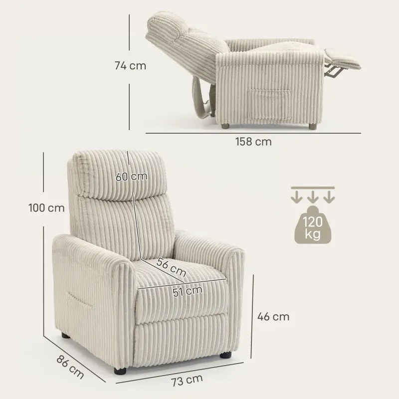 Poltrona Relax Reclinável Manual Estofada em Veludo com Apoio para Pés 73x86x100 cm Creme