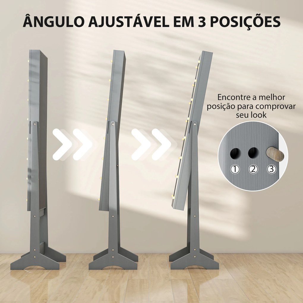 Espelho Joalheiro com Luzes LED Armário para Joias com Ângulo Ajustável  Prateleiras Ranuras para Anéis 36x30x136 cm Cinzento