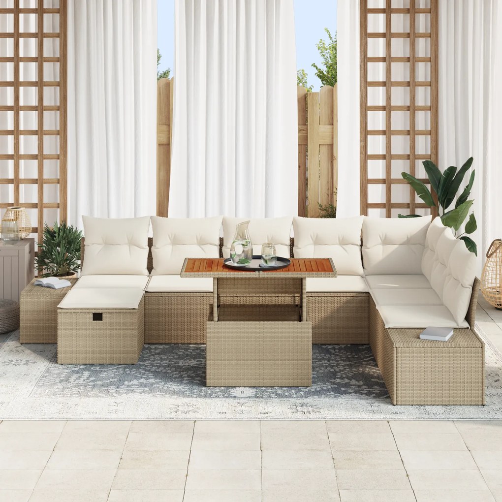 Conjunto de Jantar de 9 Peças com Almofadas Bege de Rattan Acácia