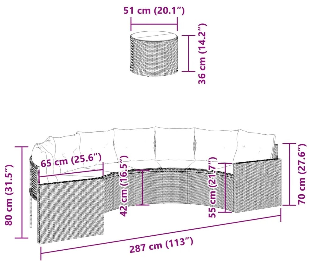 Sofá de jardim com mesa e almofadões semicircular vime PE bege