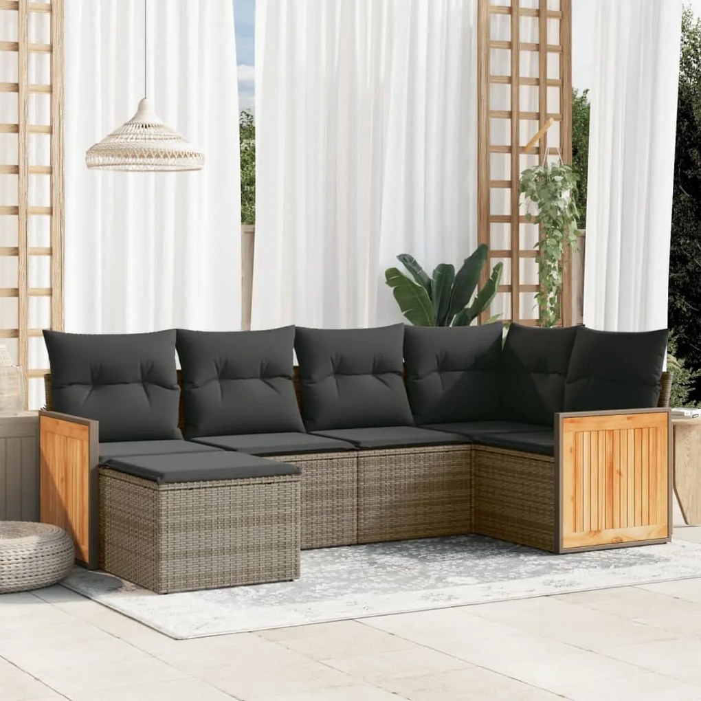 6 pcs conjunto sofás de jardim com almofadões vime cinzento