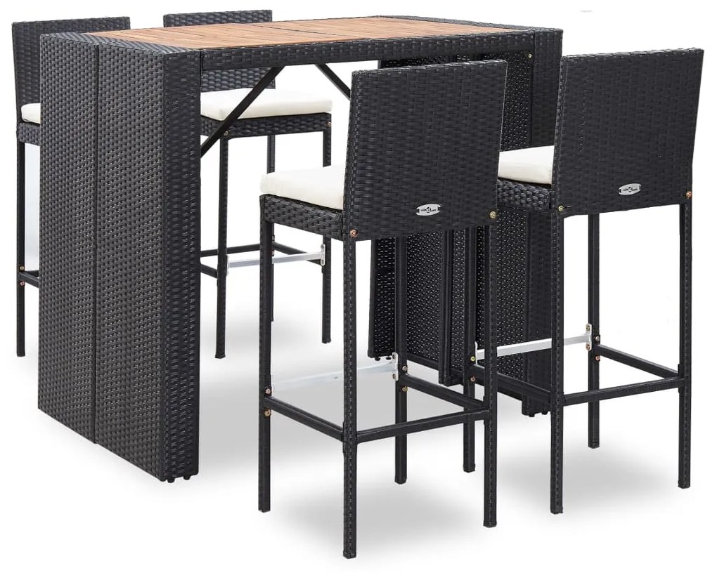 vidaXL 5 pcs conjunto de bar jardim vime PE e madeira acácia preto