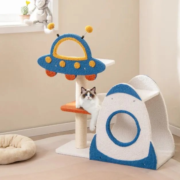 Arranhador para gatos 80 x 33 x 87 cm de 4 níveis em forma de OVNI com de 2 níveis em forma de foguetão Azul+Branco+Amarelo+Laranja