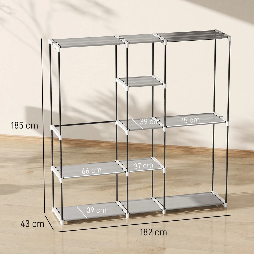 Guarda Roupa 182x43x185 cm Armário Aberto com 8 Prateleiras de Tecido Barras para Pendurar Cinza