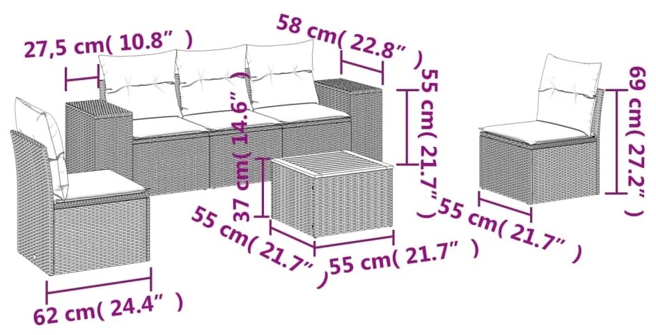 6 pcs conjunto sofás de jardim c/ almofadões vime PE preto