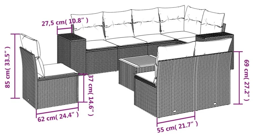 9 pcs conjunto de sofás p/ jardim com almofadões vime PE bege