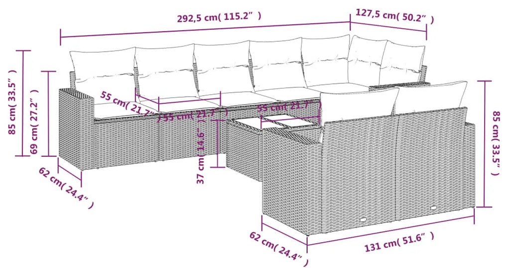 9 pcs conjunto de sofás p/ jardim com almofadões vime PE bege