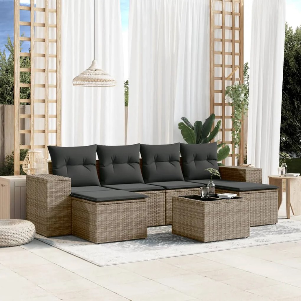 7 pcs conjunto sofás p/ jardim c/ almofadões vime PE cinzento