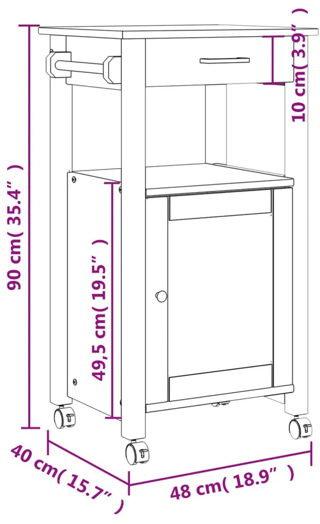 Carrinho de cozinha MONZA 48x40x90 cm madeira de pinho maciça