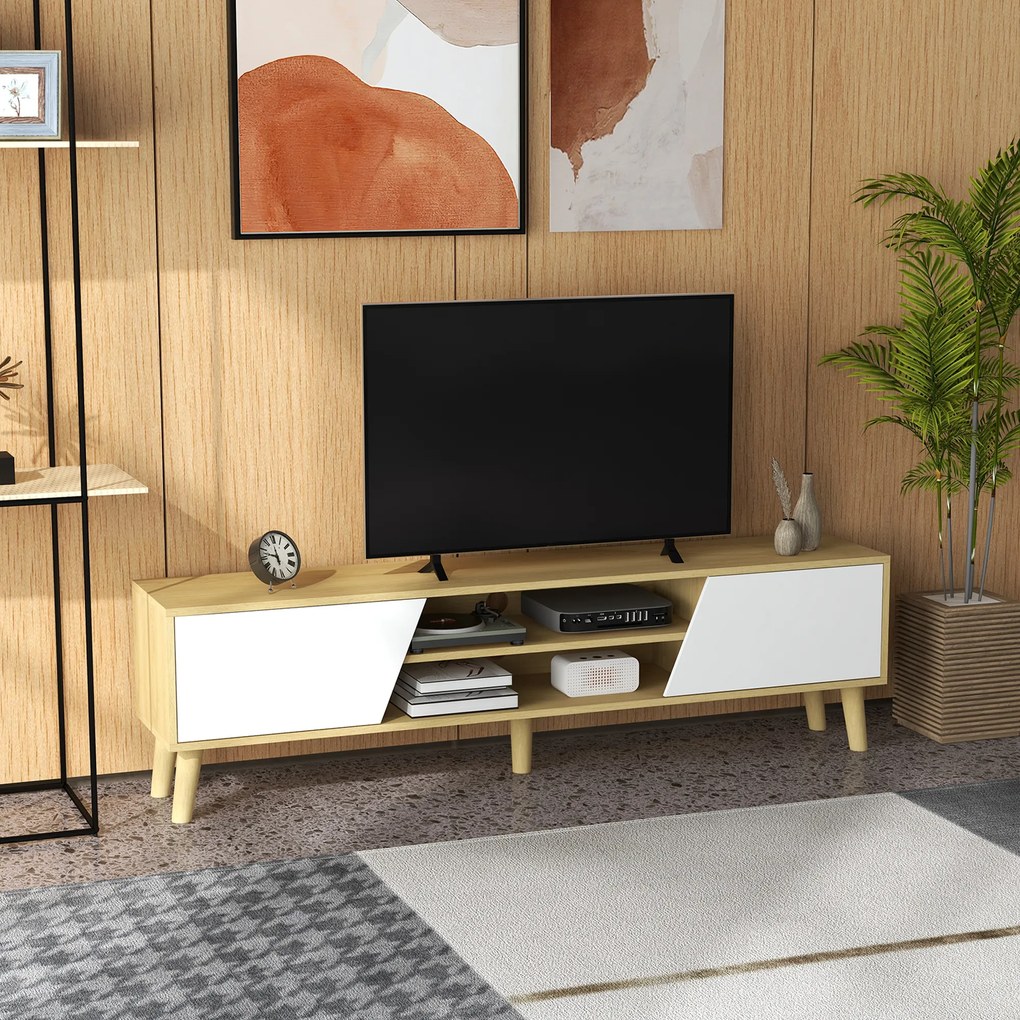 Móvel de TV com 2 Portas e 2 Estantes para Televisores de até 65 Polegadas 150x30x42 cm Madeira e Branco