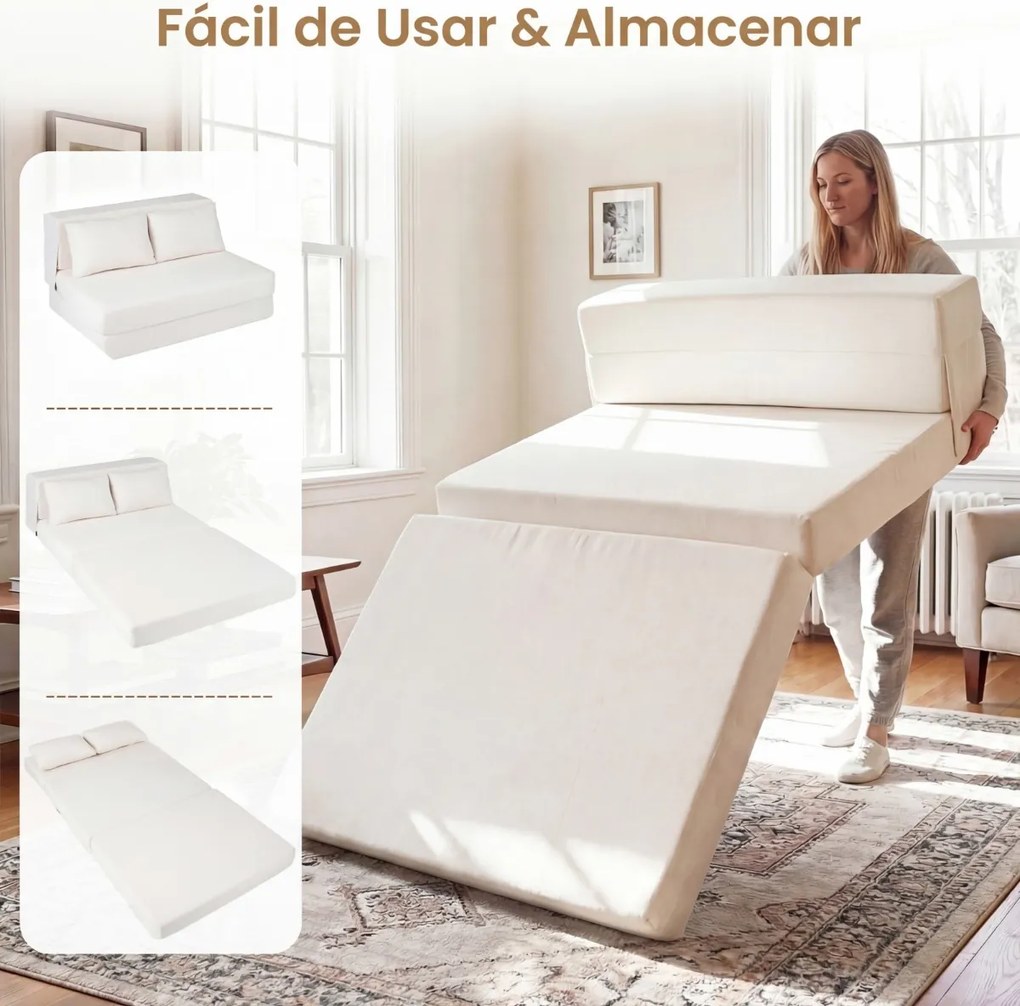 Sofá-cama futon dobrável grande 3 em 1 com 2 almofadas, tecido de chenille , para sala, quarto ou escritório Bege