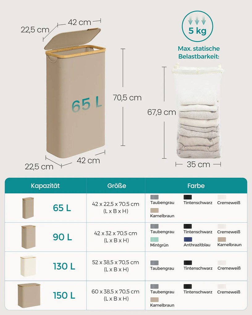 Cesto de roupa suja elegante de 65 L, 42 x 22,5 x 70,5 cm castanho camelo