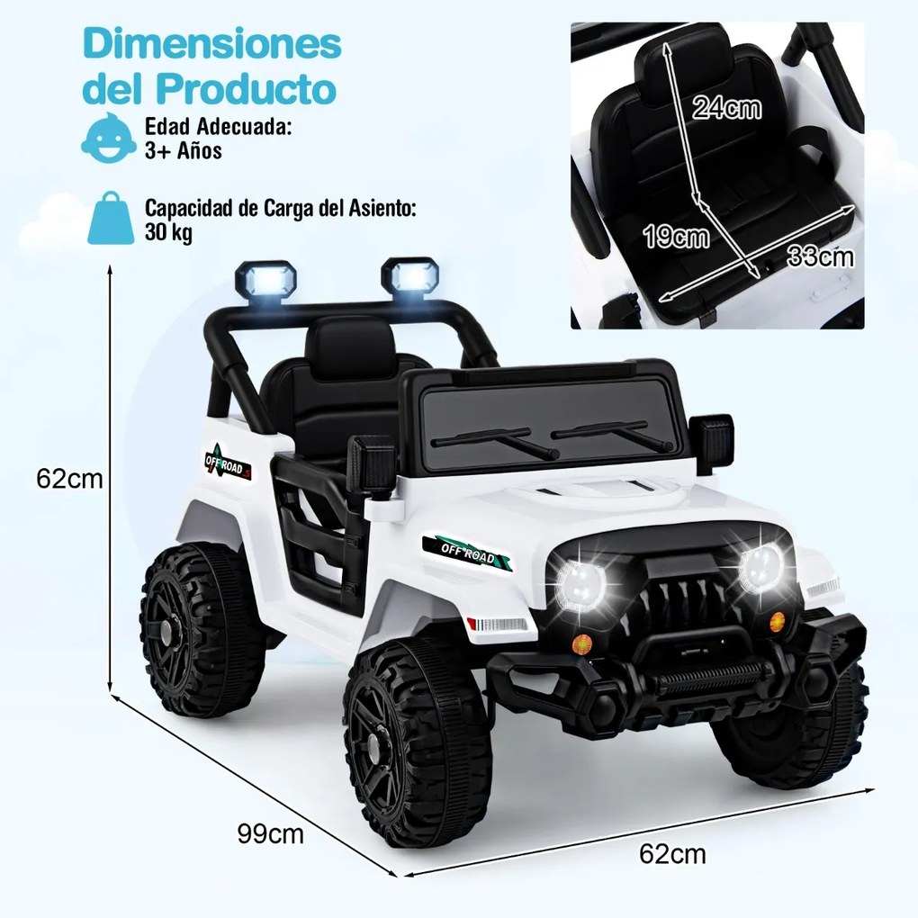 Carro elétrico para crianças de 12 V com 3 velocidades, música e luzes LED 99 x 62 x 62 cm branco