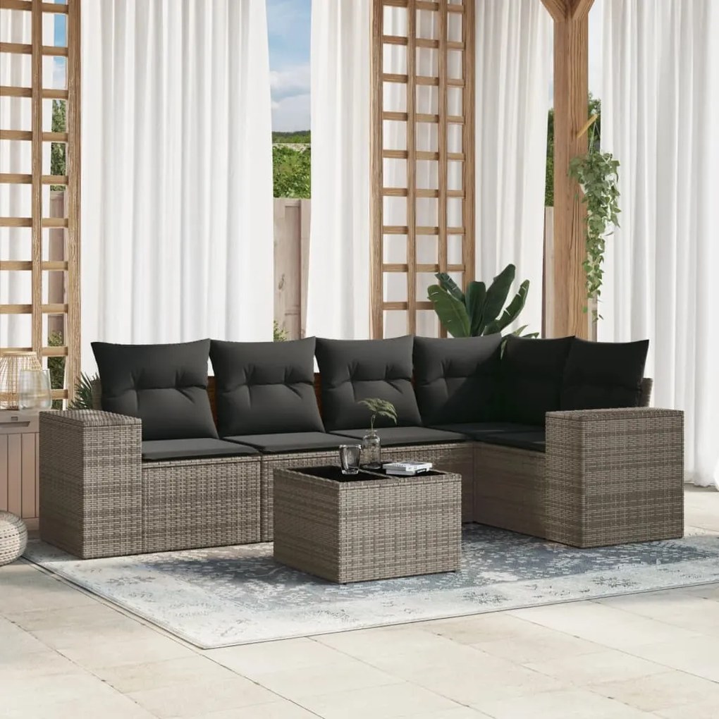 6 pcs conjunto sofás de jardim com almofadões vime cinzento