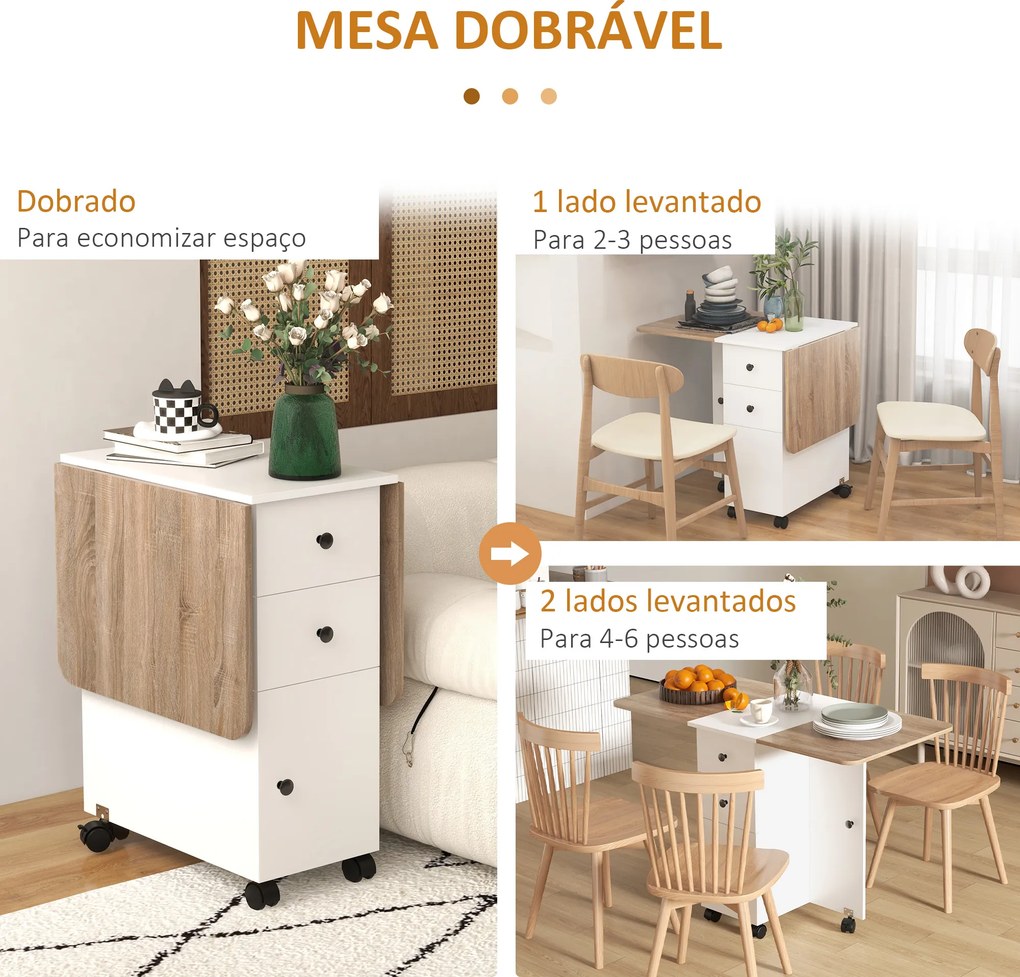 Mesa de jantar dobrável com Rodas 120x60x76,5 cm (CADEIRAS NÃO INCLUIDAS) com 2 Gavetas e Armário Mesa Auxiliar Multifuncional  Branco