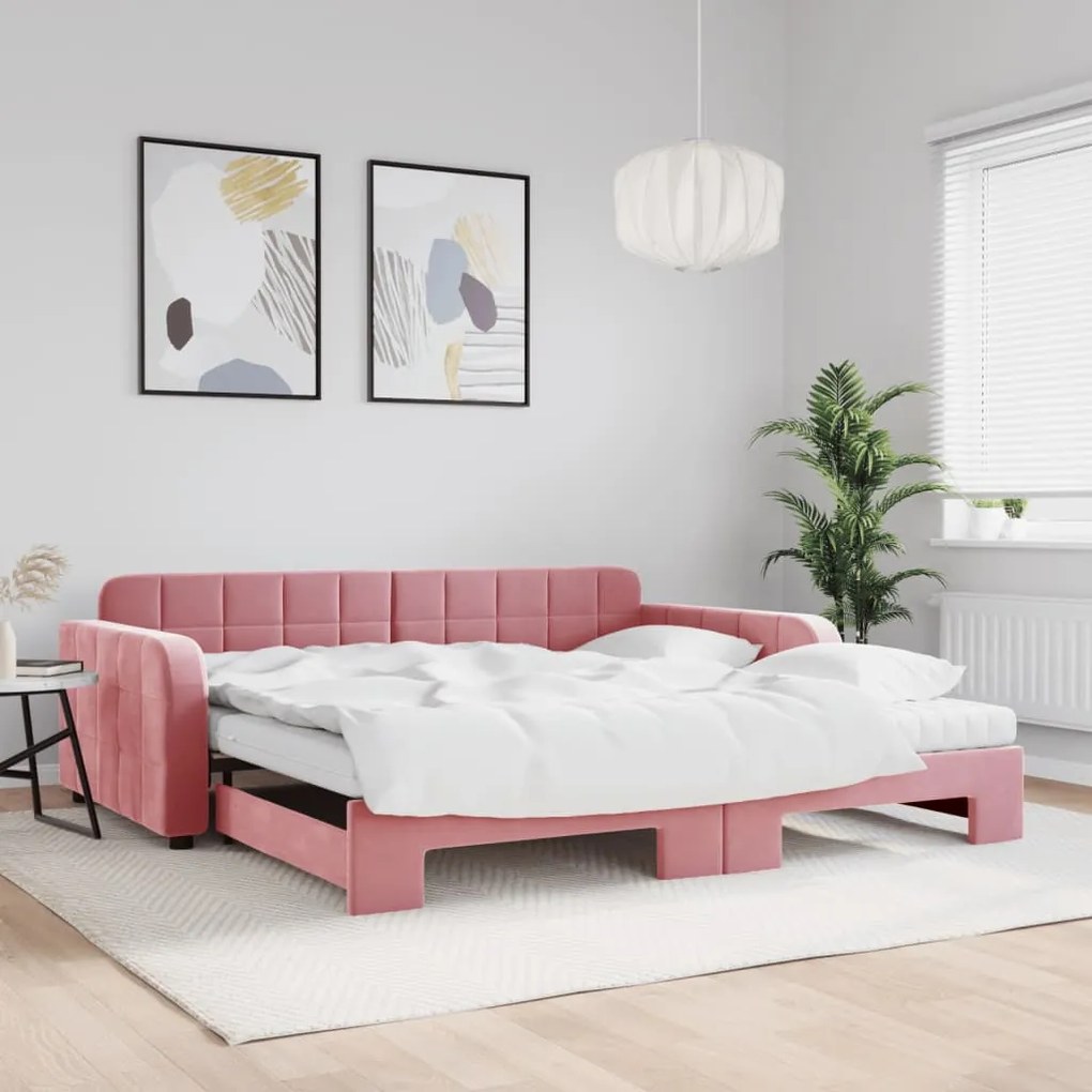vidaXL Sofá-cama com gavetão e colchões 100x200 cm veludo rosa