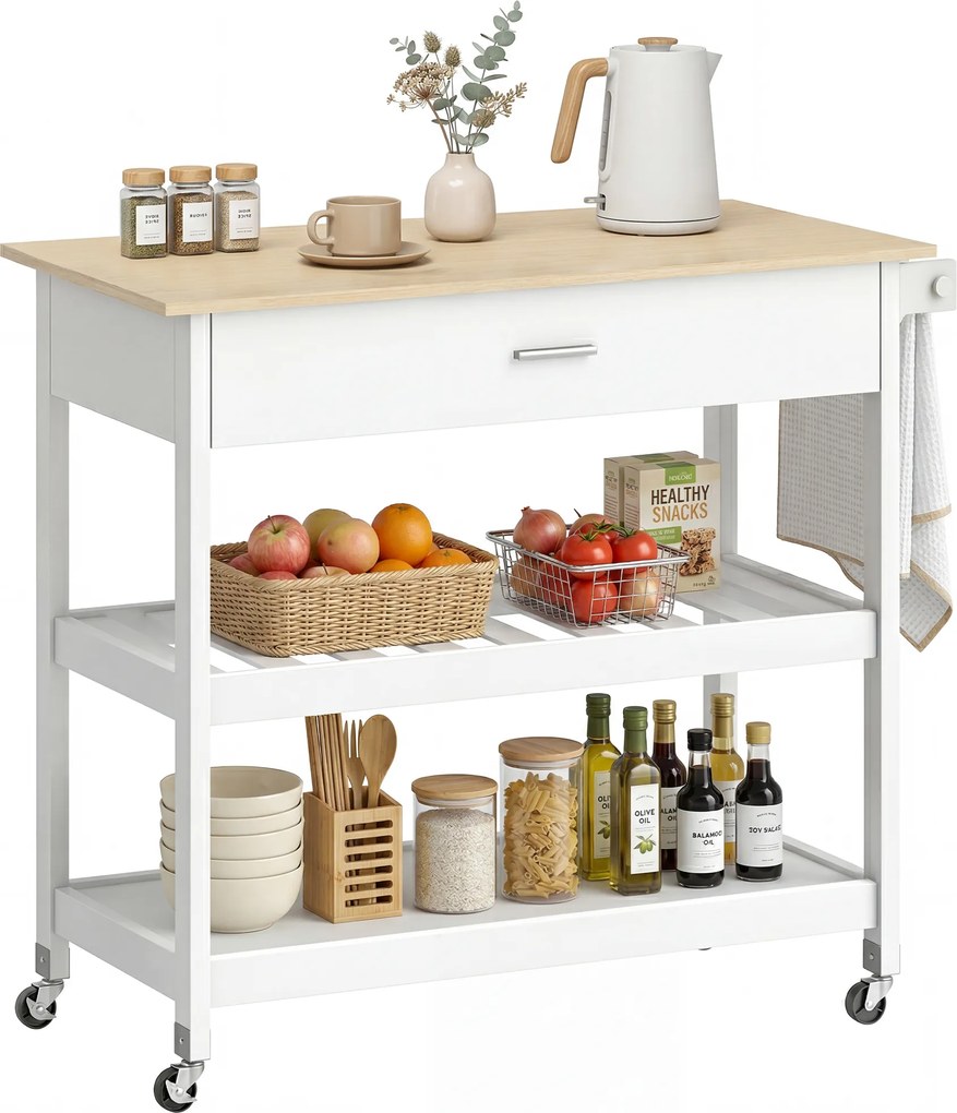 Carro de cozinha com rodas 108,8 x 51 x 92,5 cm, ilha central de cozinha com bancada, gaveta, prateleiras, toalheiro, branco