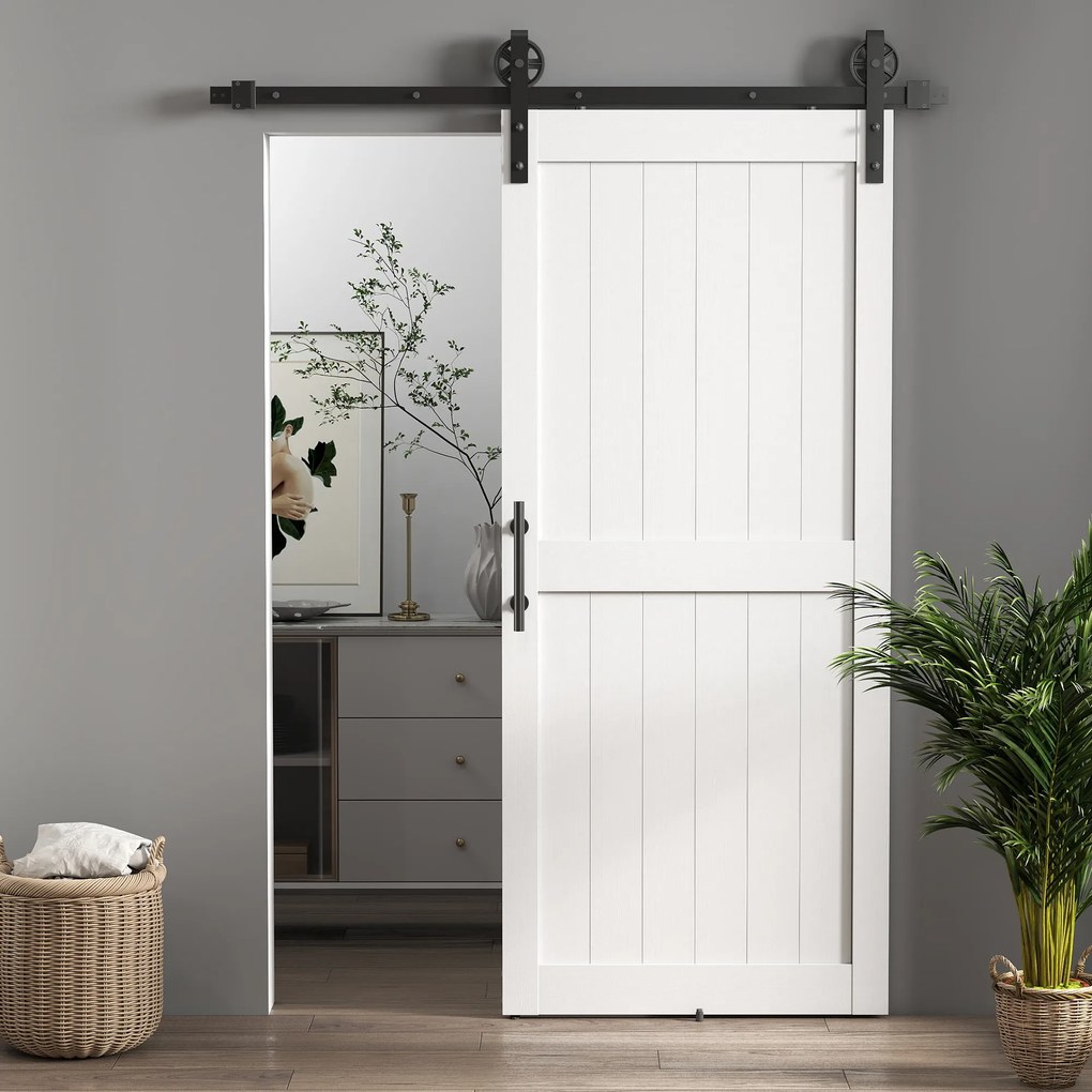 Porta de Correr Celeiro com Ferragens Porta Corredera de Interior com Puxador Rolo e Guia de Chão 91,5x213,4 cm Branco