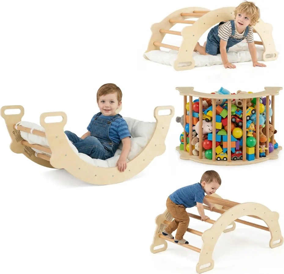 Arco de escalada infantil com almofada Escada Montessori 3 em 1 para trepar madeira para crianças Ginásio de escalada natural