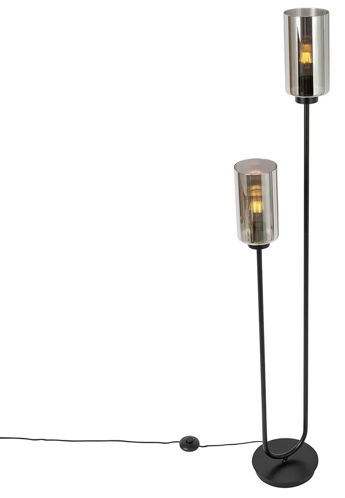 Candeeiro de pé Art Deco preto com vidro fumê 2 luzes - Laura Art Deco