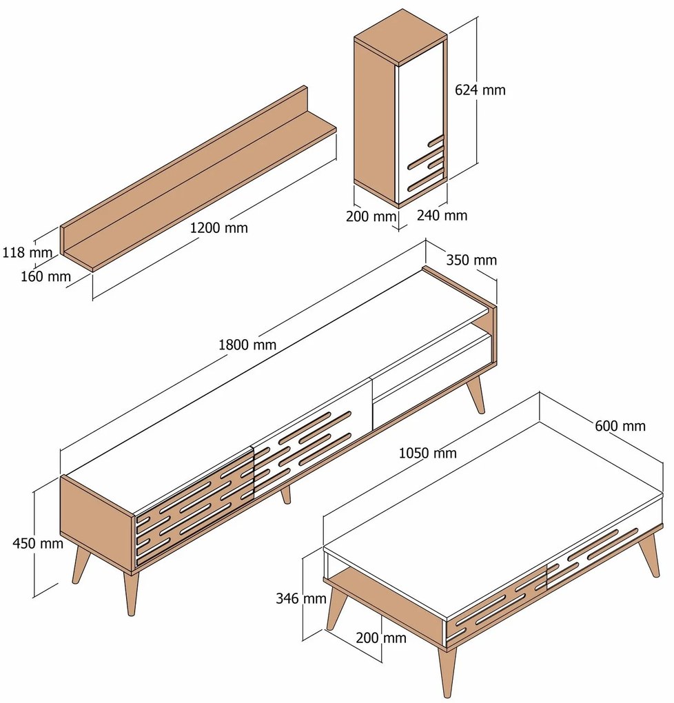 Conjunto de Mobiliário de Sala de Estar Valensiya – Nogueira e Creme –