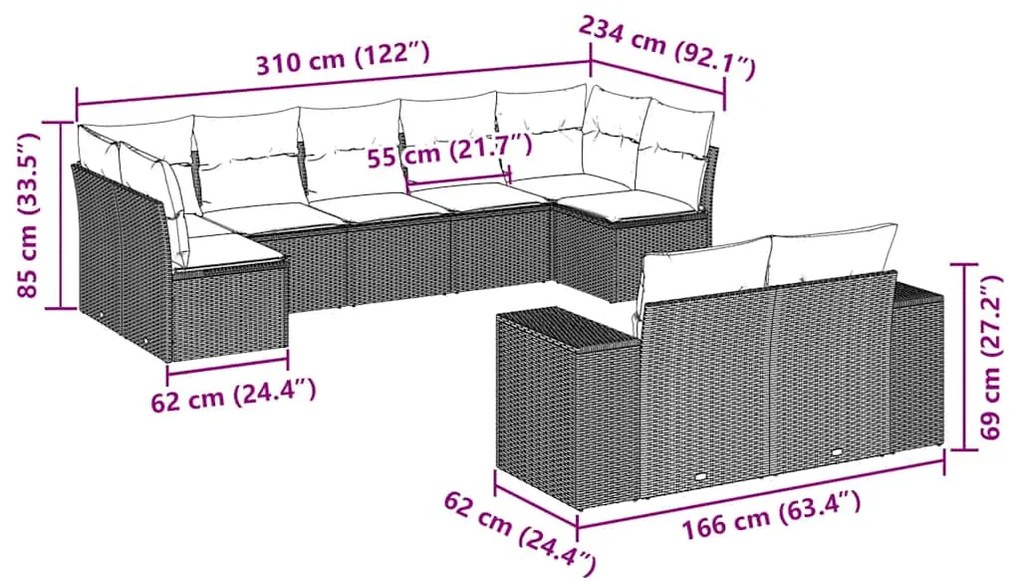 9 pcs conjunto de sofás p/ jardim c/ almofadões vime PE preto