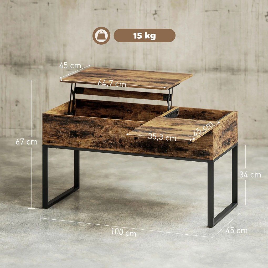 Mesa de Centro Elevatória com Bancada Deslizante Fecho Suave e Espaço Oculto de Arrumação 100x45x67 cm Castanho Rústico