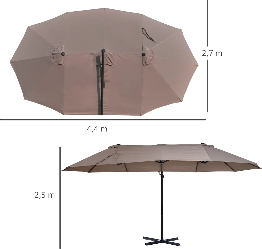 Guarda-sol deslocado de grandes dimensões XXL, inclinável, com base em cruz, dim. 4,45 x 2,7 x 2,6 m, base em aço incluída, poliéster castanho