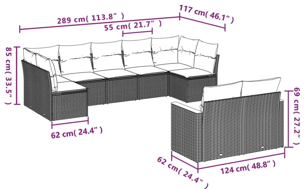 9 pcs conjunto de sofás p/ jardim c/ almofadões vime PE preto