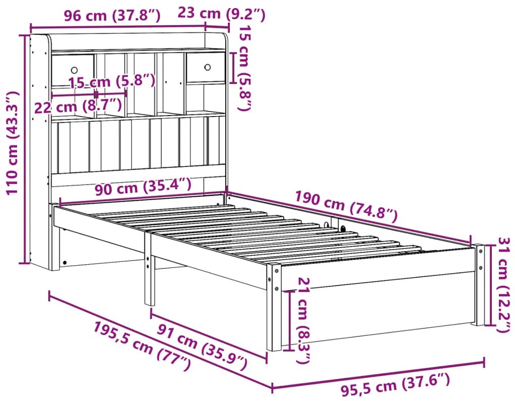 Cama com estante sem colchão 90x190 cm pinho maciço